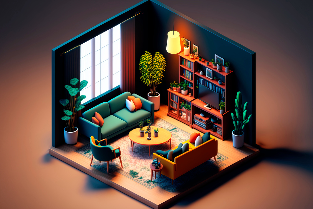3D Isometric Living Room , Isometric Living Room with Sofa, Tabl
